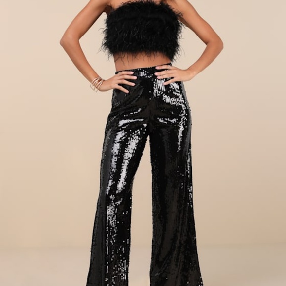 Lulus Celebrity Shine Black Feather Sequin Two-piece Jumpsuit - Size L - Picture 1 of 1